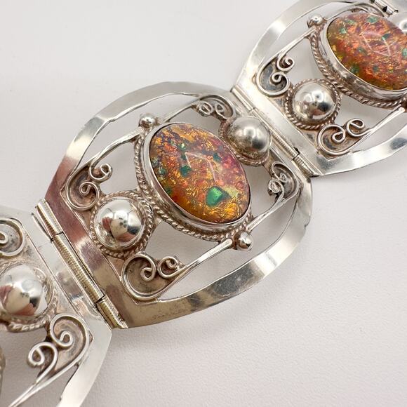 Taxco Sterling Silver Faux Opal Panel Bracelet w Cutouts Scrolls Mexico Vintage - Picture 7 of 13